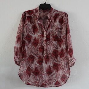 CALS Sheer Peacock Feather Print Blouse – Size S, Red/White, Lightweight